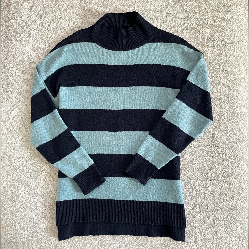 LOFT Striped Sweater Small S Navy Blue Light Blue Mock Neck Knit  Cozy Nautical